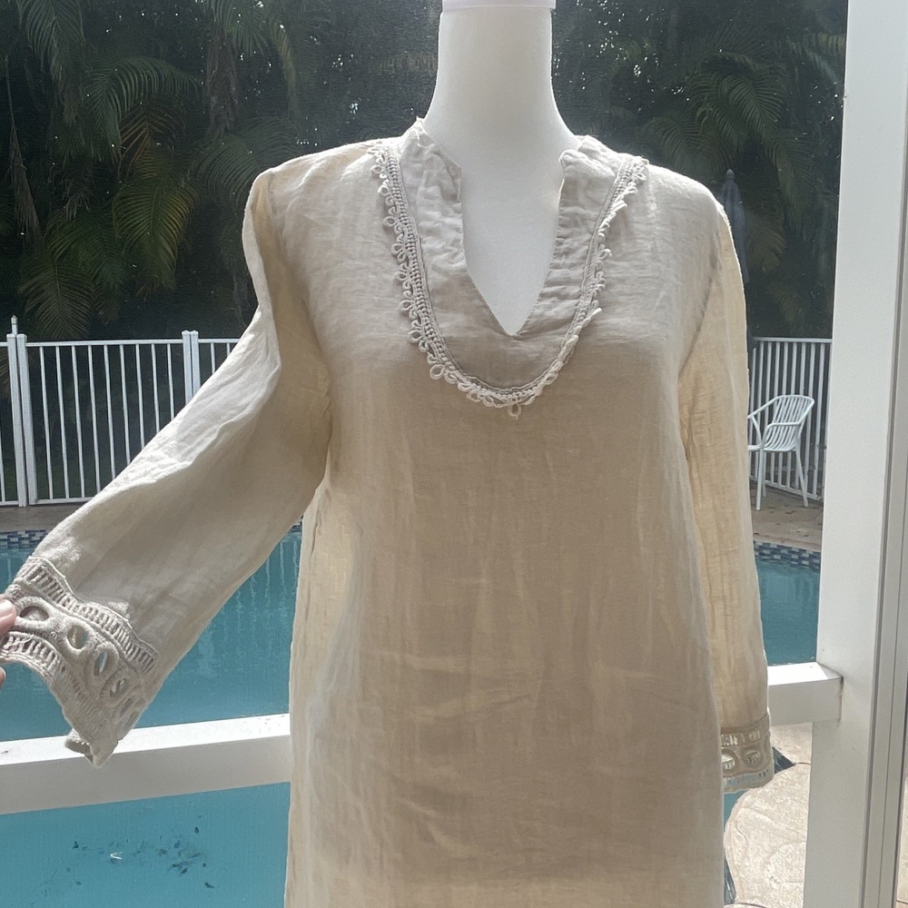 Via Signoria‎ Dress Women Medium Pure Linen Beige Boho Lace Made In Italy NWT